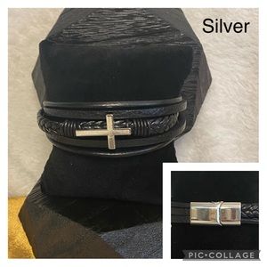 *NEW* Men’s Pu Leather & Alloy Silver Cross Bracelet